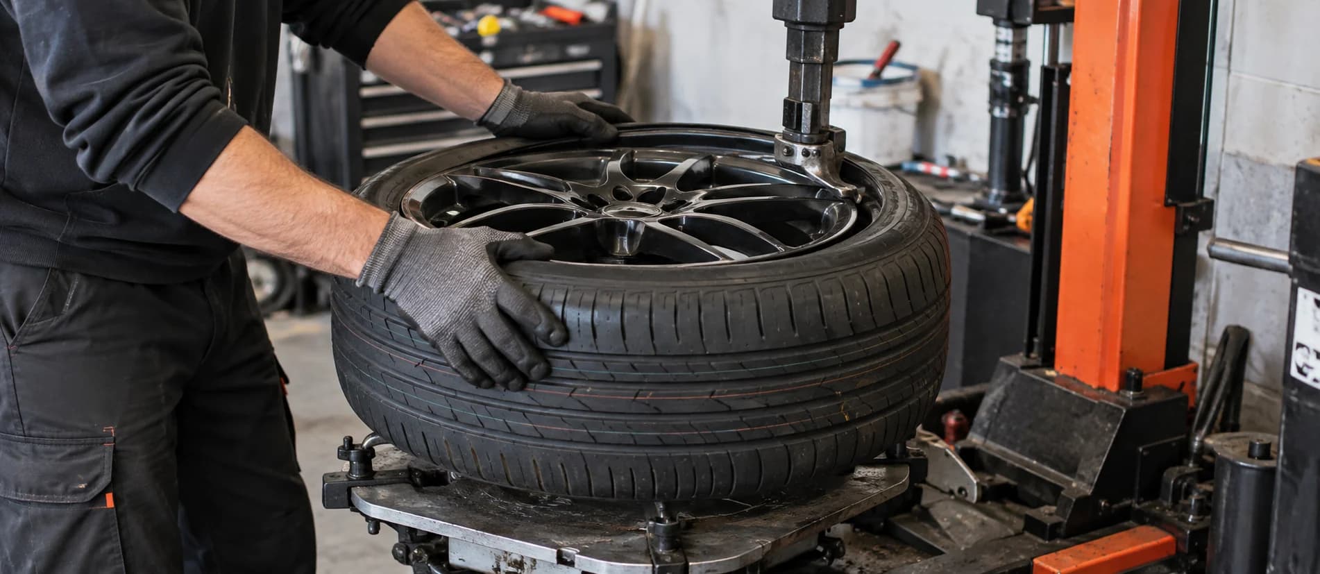 Работа с автомобильным колесом на шиномонтажном станке